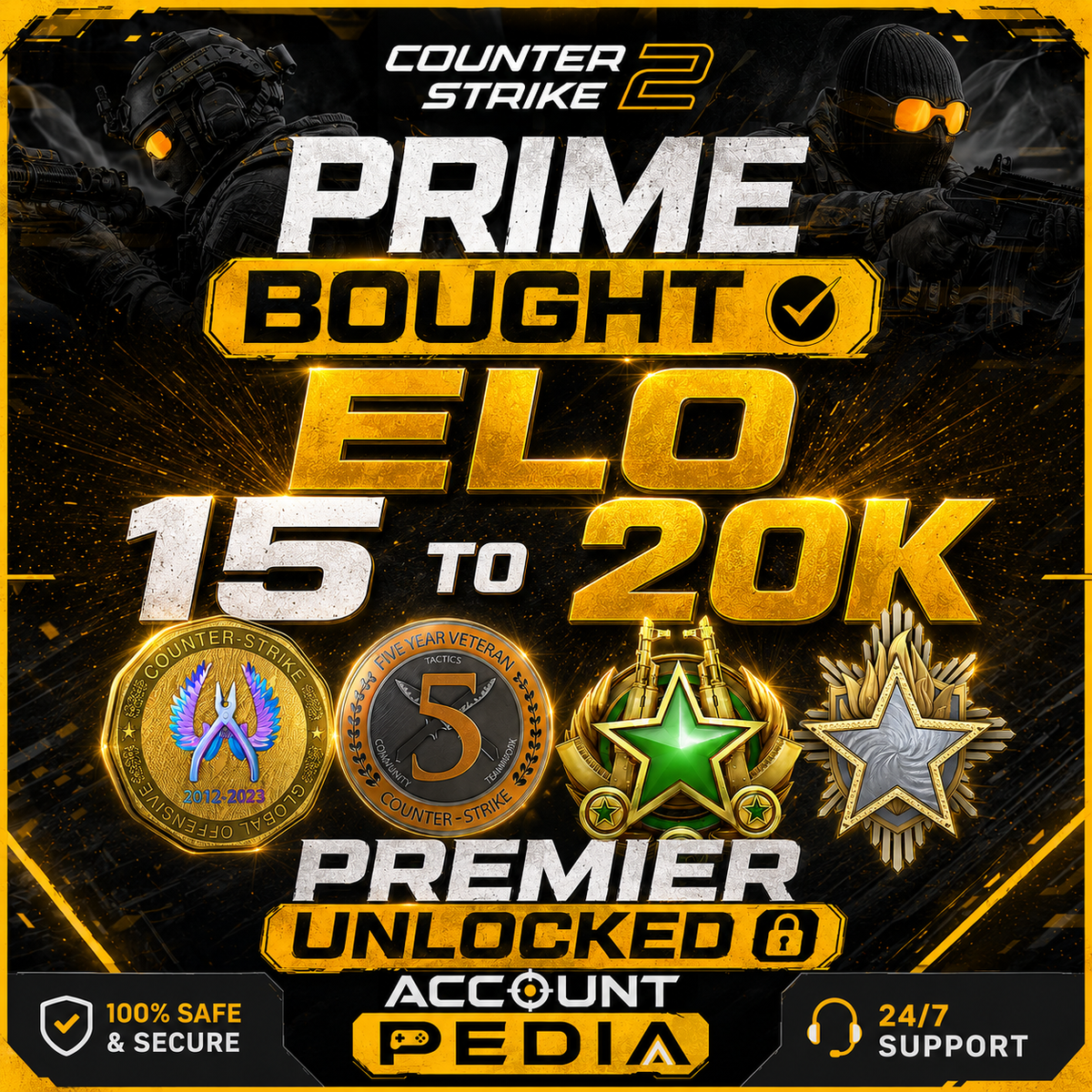 CS2 Premier Account | 15000 - 20000 Rating | 2022-2023 & 2026 Service Medals | 5 Year Coin | Global Offensive Coin